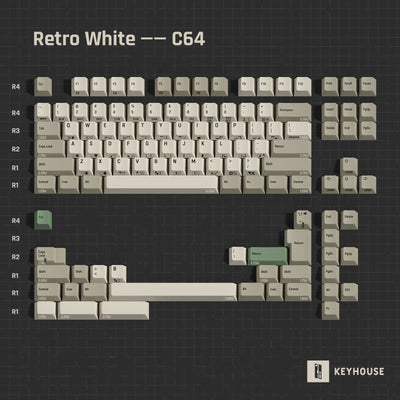 9009 Retro PBT mechanical keyboard keycap layout labelled 'Retro White -- C64' on a dark grid background. The keycaps are primarily off-white/cream with some light grey and a few muted green accent keys.