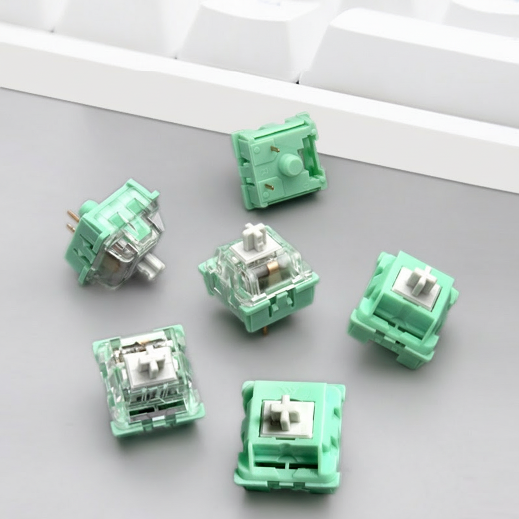 Green mechanical keyboard switches on a gray surface with a white background