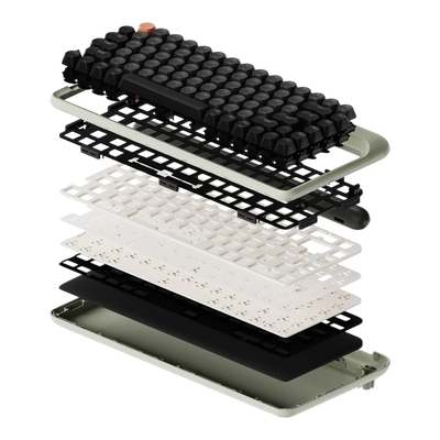 Lofree 1970s mechanical keyboard in Olive with exploded internal components 