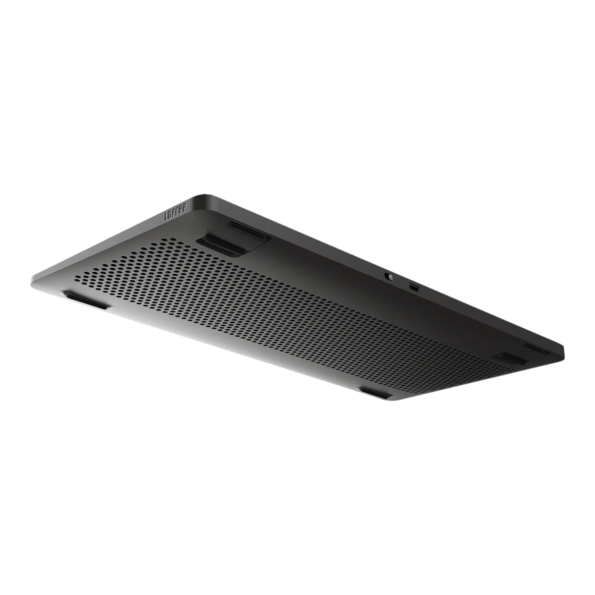 Lofree Edge Volcano Grey low-profile 75% mechanical keyboard, dark grey carbon fibre, underside with perforated magnesium base and flip-out feet #choose-variant_volcano-grey