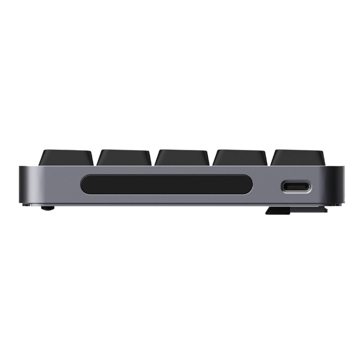 Lofree Flow 2 68 keyboard in Space Gray, side profile showing slim aluminium case, USB-C port and kickstand