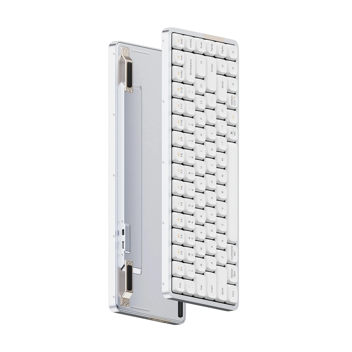 Lofree Flow84 low-profile mechanical keyboard white standing back and front view showing aluminium case, flip-out feet and USB-C port #choose-variant_white-with-ghost-switches