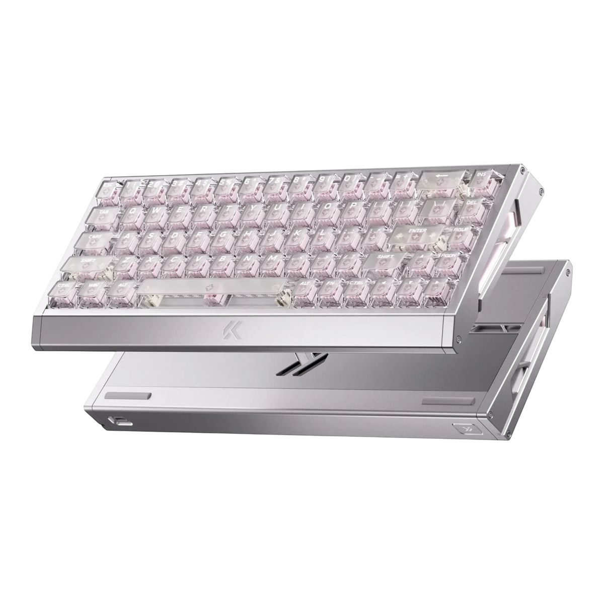 Mchose Ace 68 GT mechanical keyboard with silver aluminium case and pink mount tai switches showing through transparent polycarbonate keycaps