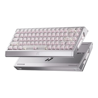 Mchose Ace 68 GT mechanical keyboard with silver aluminium case and pink mount tai switches showing through transparent polycarbonate keycaps