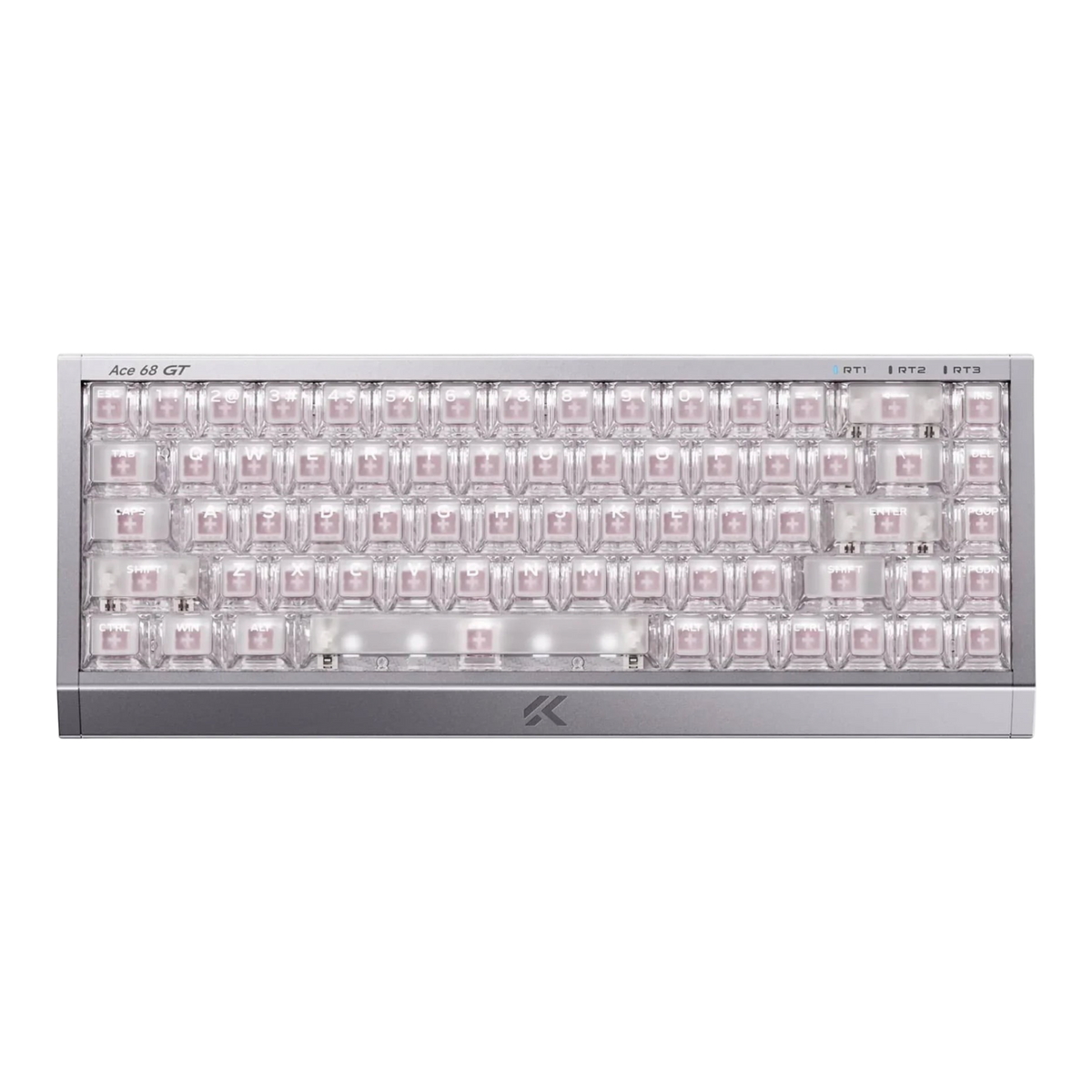 Mchose Ace 68 GT mechanical keyboard with a silver aluminium case and pink mount tai switches showing through transparent polycarbonate keycaps