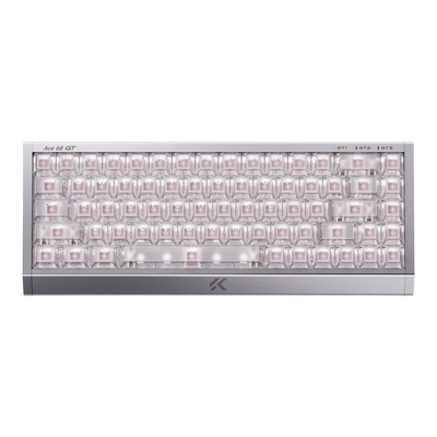 Mchose Ace 68 GT mechanical keyboard with a silver aluminium case and pink mount tai switches showing through transparent polycarbonate keycaps