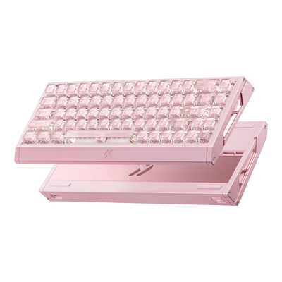Mchose Ace 68 GT mechanical keyboard in pink aluminium case, and pink mount tai switches showing through transparent polycarbonate keycaps