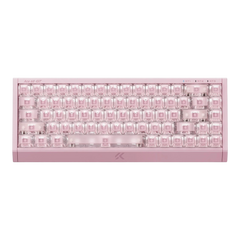 Mchose Ace 68 GT mechanical gaming keyboard in pink aluminium case and pink mount tai switches showing through transparent polycarbonate keycaps