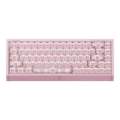 Mchose Ace 68 GT mechanical gaming keyboard in pink aluminium case and pink mount tai switches showing through transparent polycarbonate keycaps