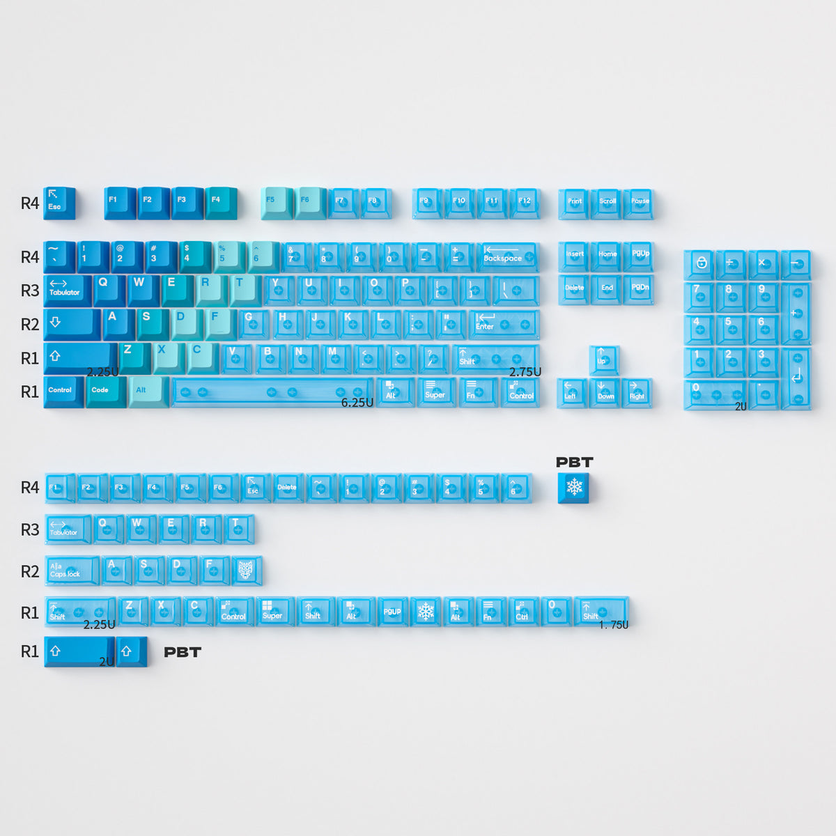 Mintcaps PBT and translucent PC keycap set in blue.