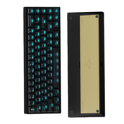 Mechanical keyboard with blue backlighting and a beige side panel on a dark background
