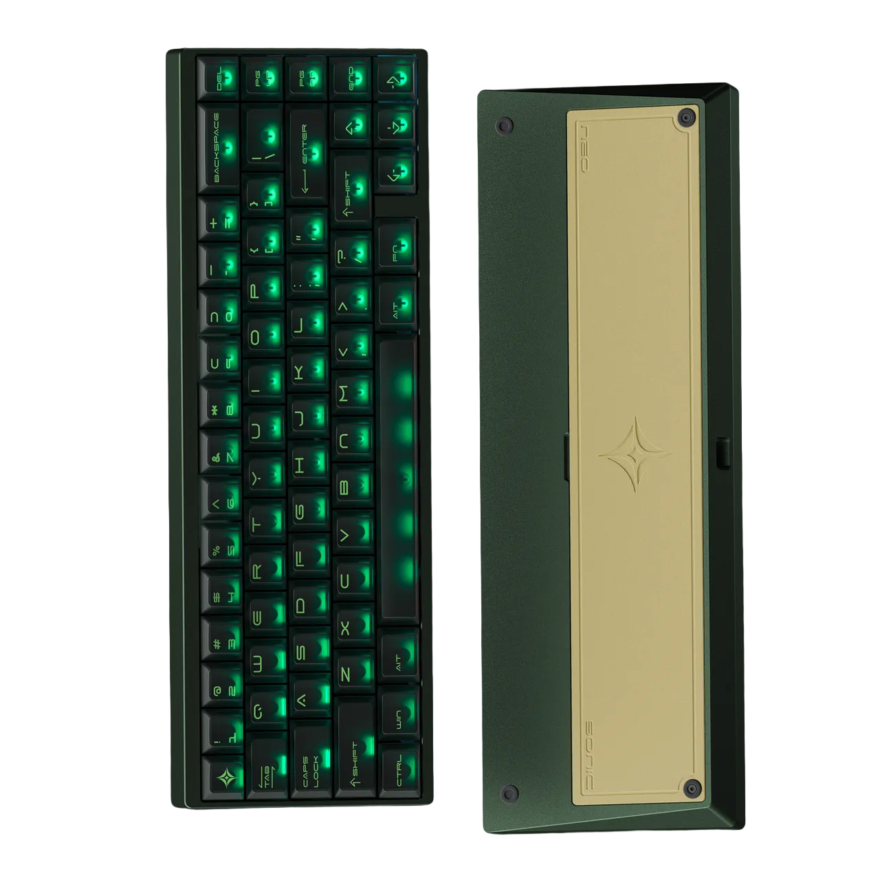 Mechanical keyboard with green backlighting and a side view of the case on a dark background