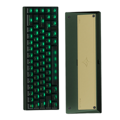 Mechanical keyboard with green backlighting and a side view of the case on a dark background