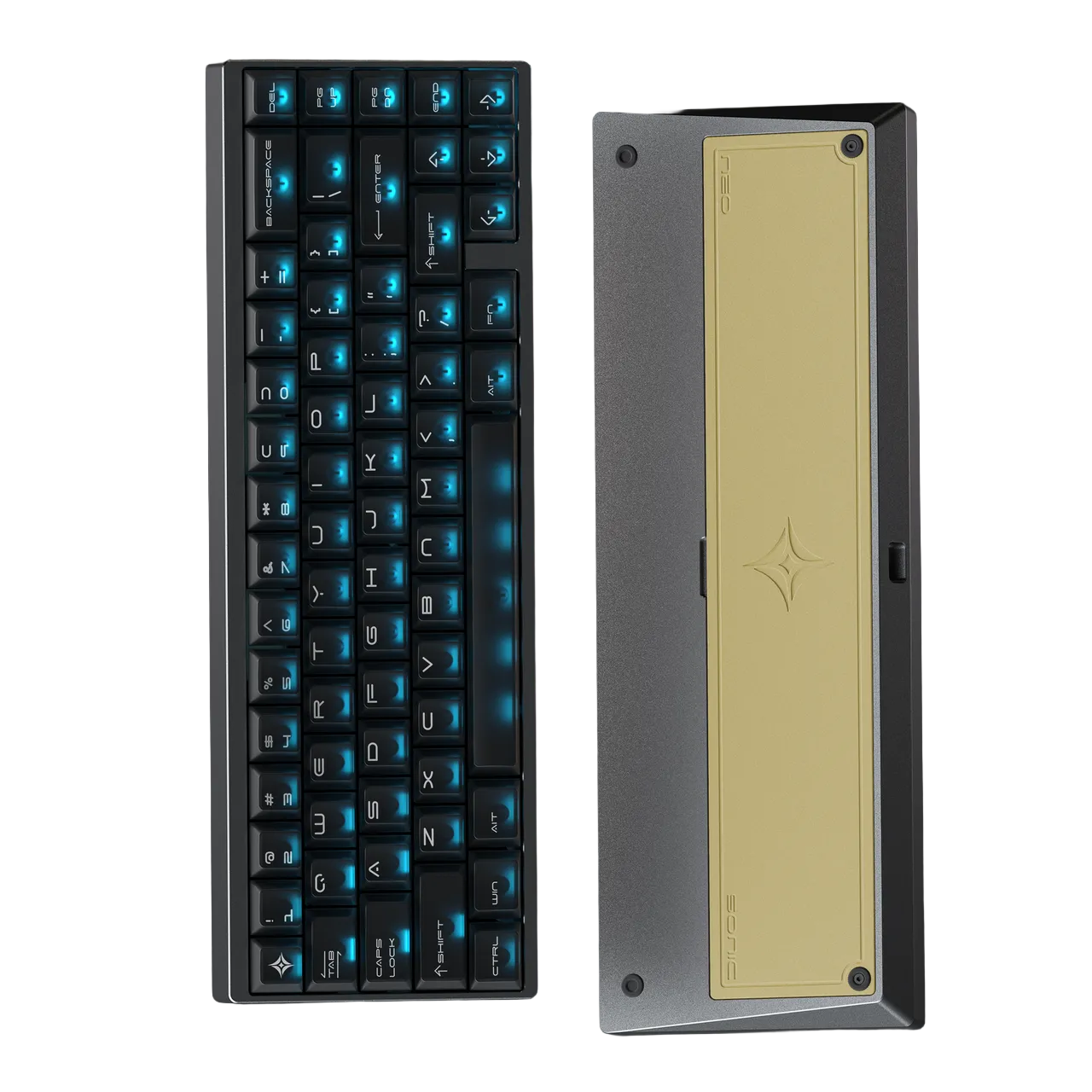 Mechanical keyboard with blue backlighting and a metallic side panel.