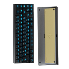 Mechanical keyboard with blue backlighting and a metallic side panel.