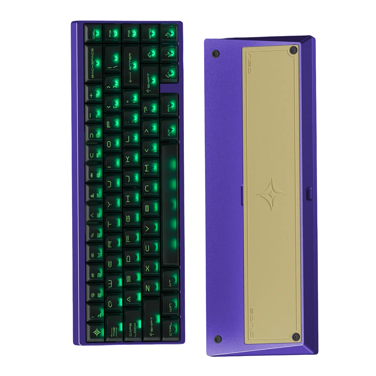 Mechanical keyboard with green backlighting and a purple case