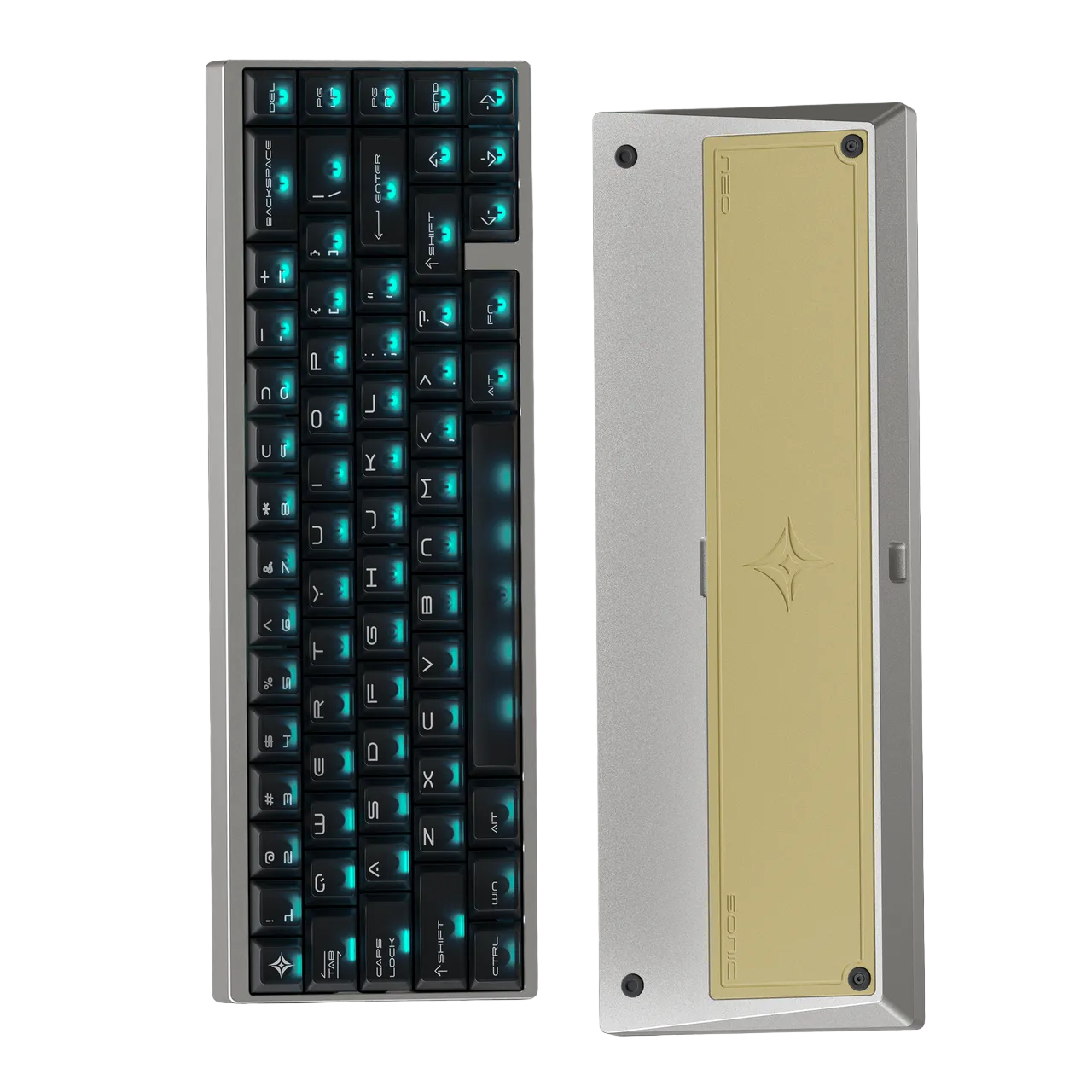 Mechanical keyboard with blue backlighting and a metallic case.