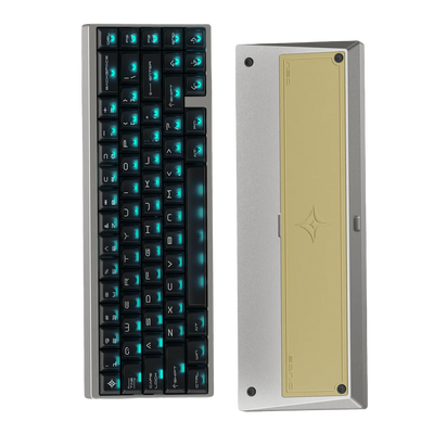 Mechanical keyboard with blue backlighting and a metallic case.