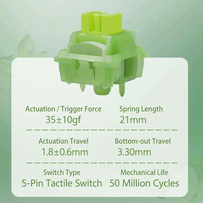 Green mechanical switch with specifications on a light green background