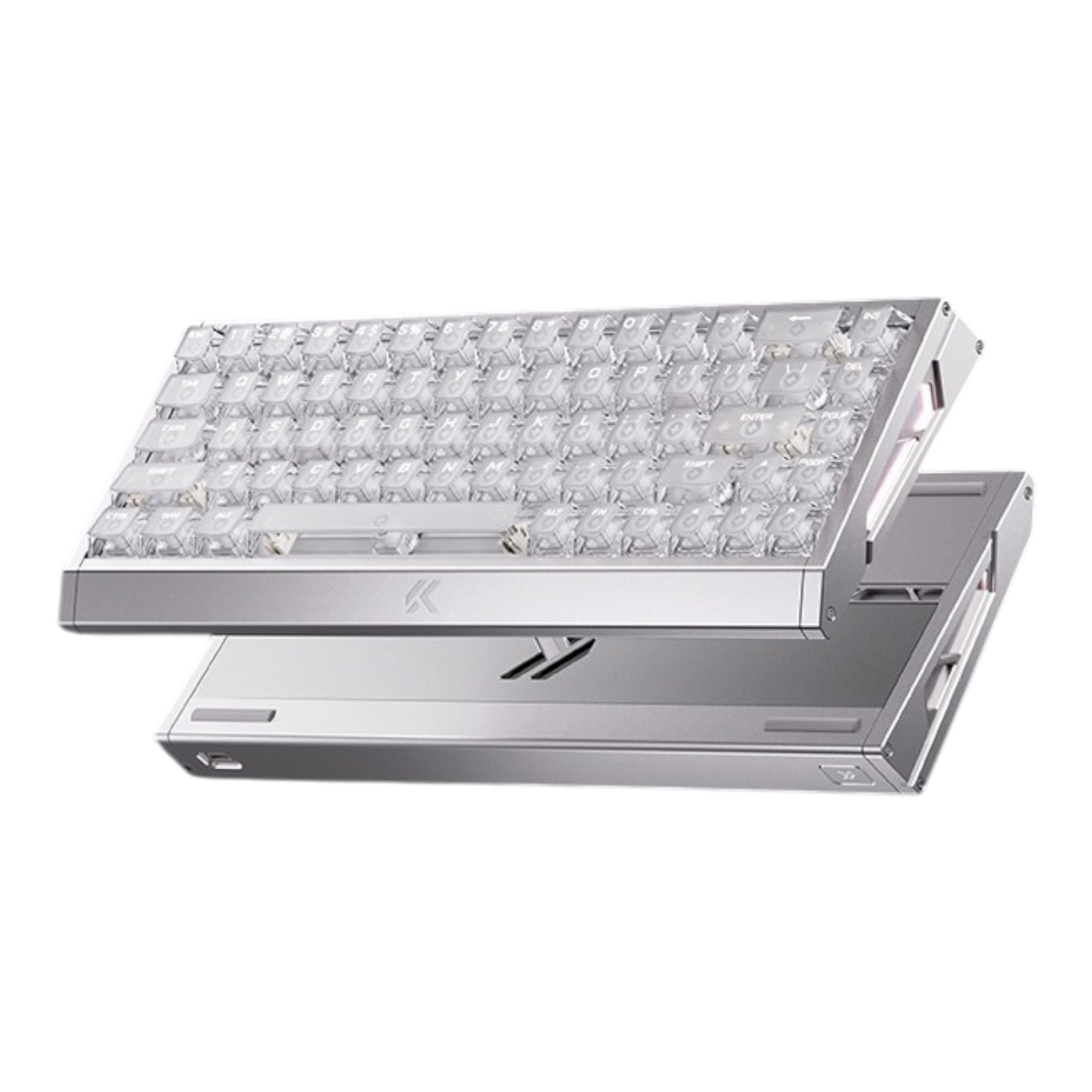 MCHOSE Ace 68 GT silver aluminium mechanical keyboard and white ttc noble horse magnetic switch stems showing through the transparent keycaps
