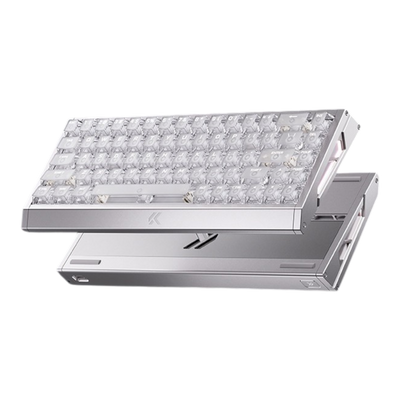 MCHOSE Ace 68 GT silver aluminium mechanical keyboard and white ttc noble horse magnetic switch stems showing through the transparent keycaps