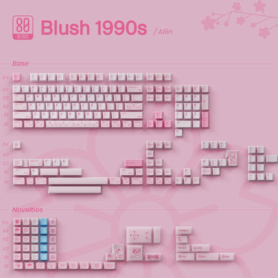 OZO Keyboards 80Retros Blush 1990s pink mechanical keycap set with cherry blossom and Shoujo manga inspired graphics.