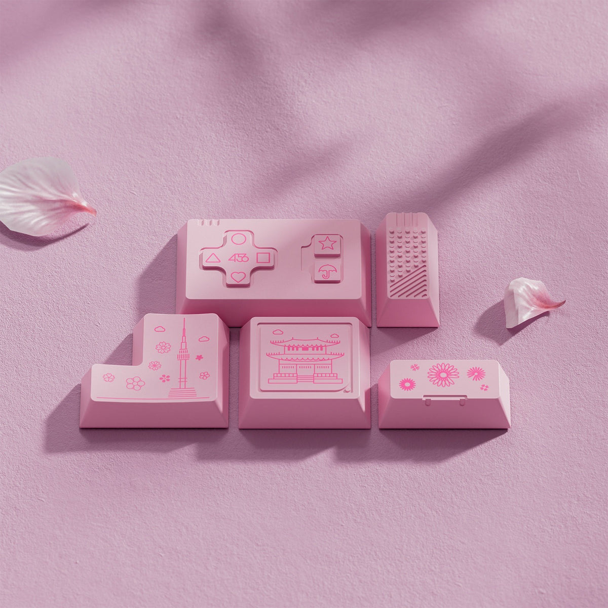 OZO Keyboards 80Retros Blush 1990s pink keycap set with cherry blossom and retro manga-inspired graphic designs