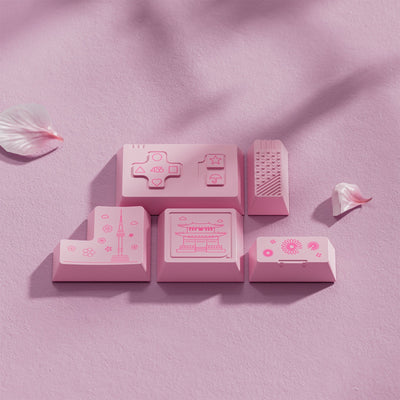 OZO Keyboards 80Retros Blush 1990s pink keycap set with cherry blossom and retro manga-inspired graphic designs