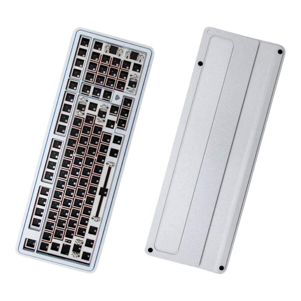 OZO Keyboards GeekZB Story100 100% mechanical keyboard barebone kit with silver aluminum case, top and bottom view