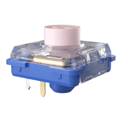 Kailh Deep Sea silent low-profile mechanical switch with a blue base, clear housing, and pink stem.