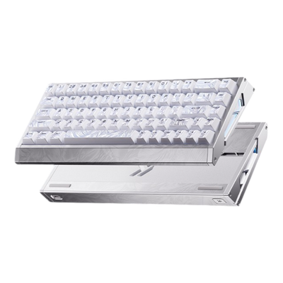 OZO Keyboards MCHOSE Ace 68 GT aluminium mechanical gaming keyboard in silver with feather pattern engravings and white keycaps with frost-like feather pattern print.