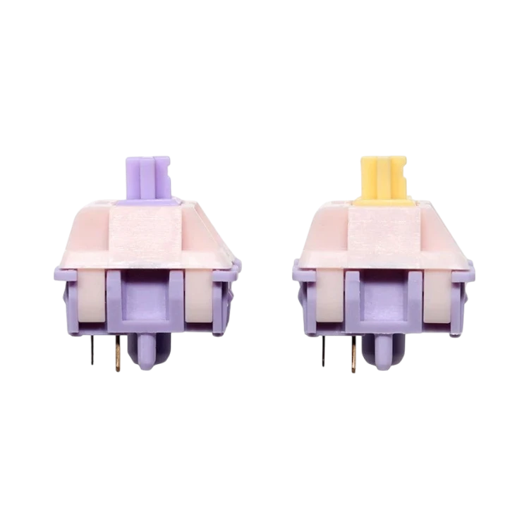 OZO Keyboards MMD Princess V2 linear and tactile mechanical switches with pink housings and purple or yellow stems