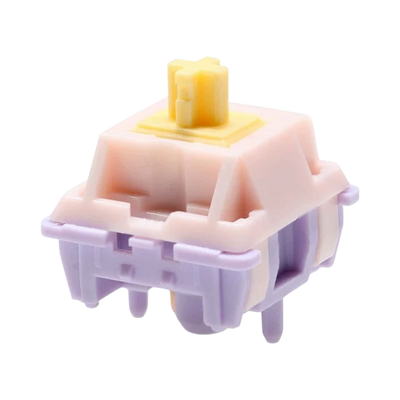 OZO Keyboards MMD Princess V2 mechanical keyboard switch with a yellow stem, pink top housing, and purple base.