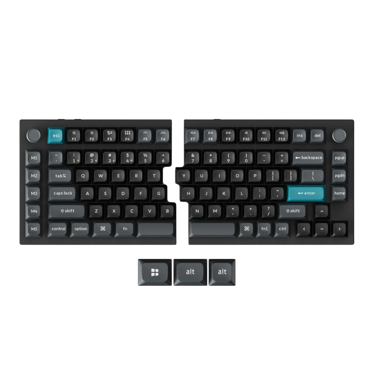 OZO Keyboards Q11 Ultra split mechanical keyboard in black aluminum with blue accent keys and two rotary knobs.