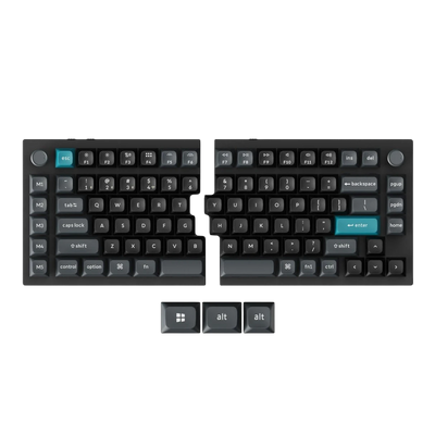 OZO Keyboards Q11 Ultra split mechanical keyboard in black aluminum with blue accent keys and two rotary knobs.