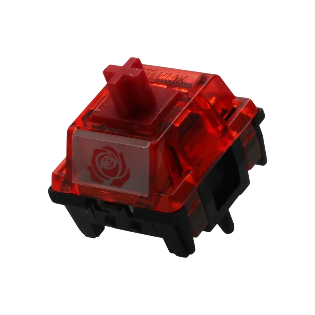 OZO Keyboards Rosa Centifolia linear mechanical switch with a translucent red housing and rose logo detail