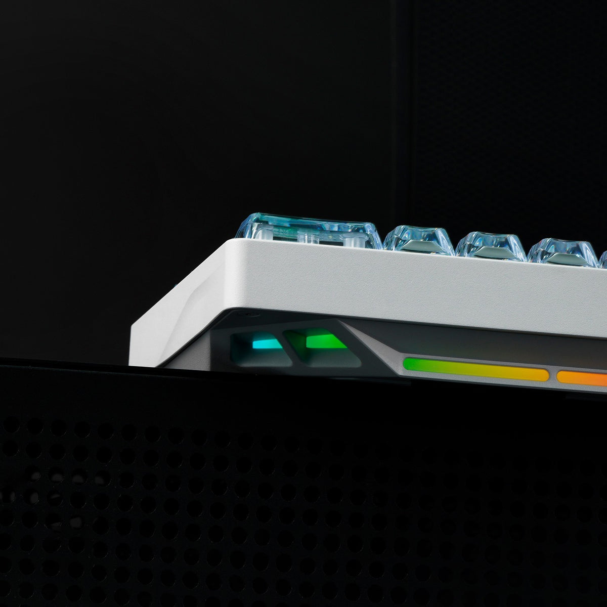 OZO Keyboards SF60 Diamond Edition white mechanical keyboard with translucent keycaps and vibrant RGB side lighting