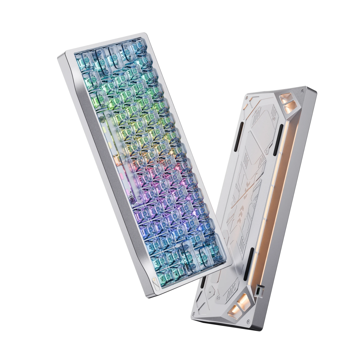OZO Keyboards SF60 Diamond Edition mechanical keyboard with iridescent keycaps and metallic silver chassis