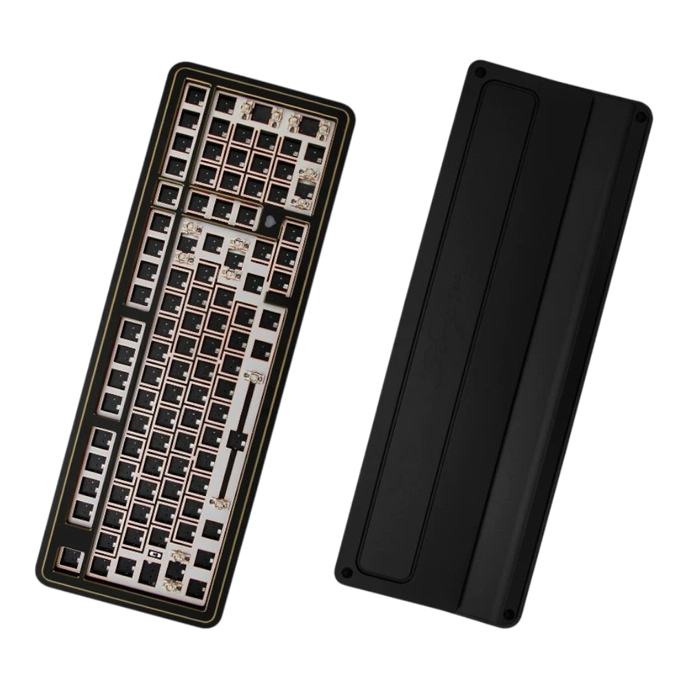 OZO Keyboards GeekZB Story100 100% mechanical keyboard barebone kit with black aluminum frame and gold accents