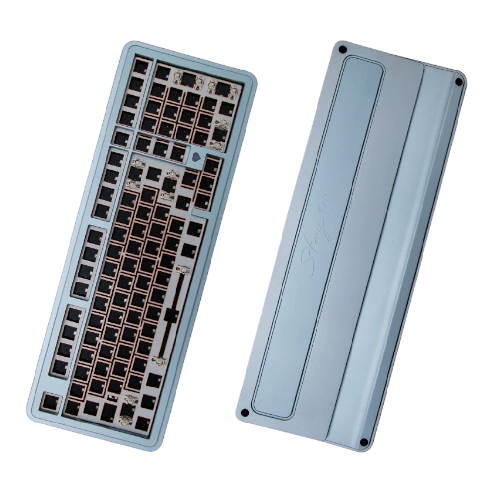 OZO Keyboards Story100 aluminum 100% mechanical keyboard barebone kit in blue, showing top and bottom views.