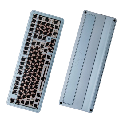OZO Keyboards Story100 aluminum 100% mechanical keyboard barebone kit in blue, showing top and bottom views.
