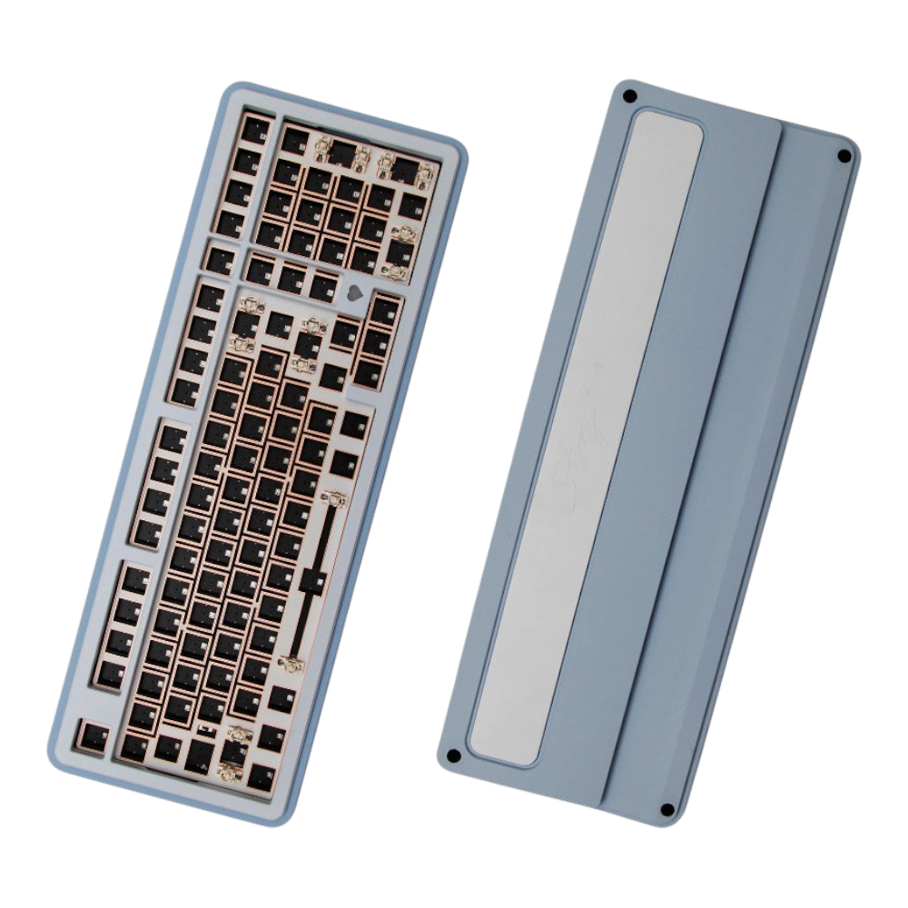 OZO Keyboards Story100 blue aluminum 100% mechanical keyboard barebone kit showing top and bottom views