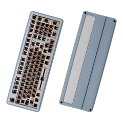 OZO Keyboards Story100 blue aluminum 100% mechanical keyboard barebone kit showing top and bottom views