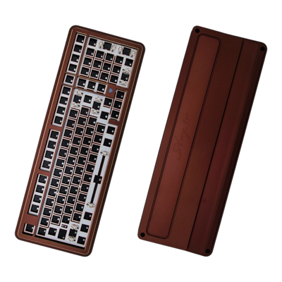 OZO Keyboards Story100 brown aluminum barebone mechanical keyboard showing top and bottom case views