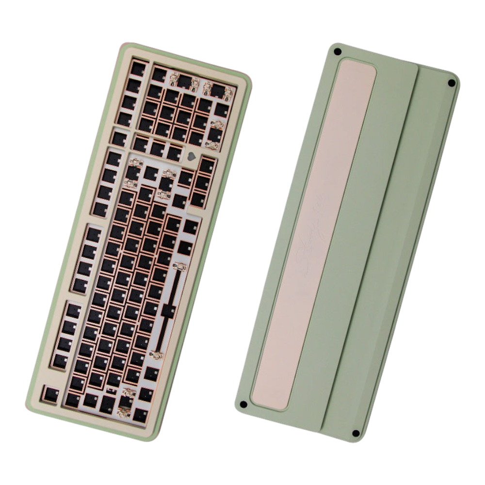 OZO Keyboards Story100 sage green aluminum 100% mechanical keyboard barebone kit showing top and bottom views