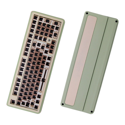 OZO Keyboards Story100 sage green aluminum 100% mechanical keyboard barebone kit showing top and bottom views
