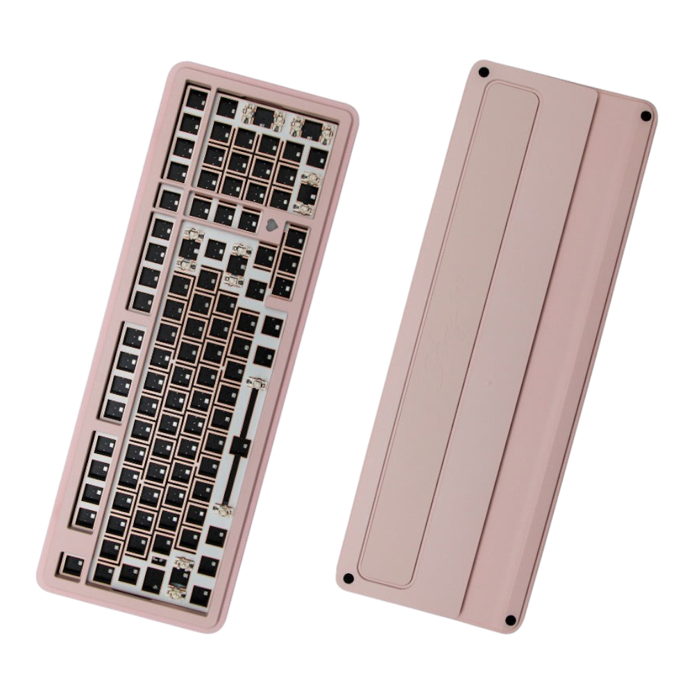 OZO Keyboards Story100 pink aluminum 100% mechanical keyboard barebone kit showing top and bottom views