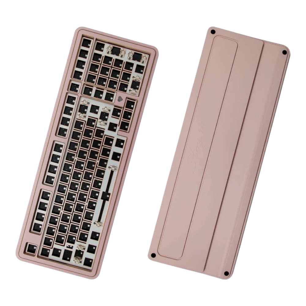 OZO Keyboards GeekZB Story100 pink aluminum 100% mechanical keyboard barebone kit showing top and bottom views
