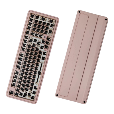 OZO Keyboards GeekZB Story100 pink aluminum 100% mechanical keyboard barebone kit showing top and bottom views