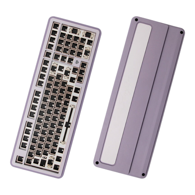 OZO Keyboards Story100 100% mechanical keyboard barebone kit in purple aluminum with top and bottom case views